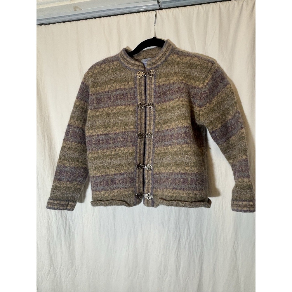 Carroll Reed Sweater sz MED 100% Wool Cardigan Silver metal clasps T31